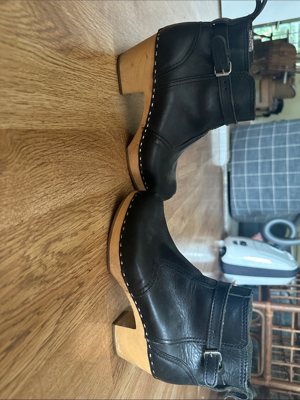 Swedish Hasbeens Black Leather Clog Ankle Boots with Natural Wood Heel
